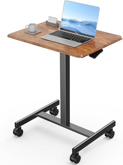 OLIXIS Mobile Standing Desk with Wheels Small Rolling Laptop Desks Portable Pneumatic Adjustable Height Sit Stand Table Computer Workstation for Home Office Rustic Brown