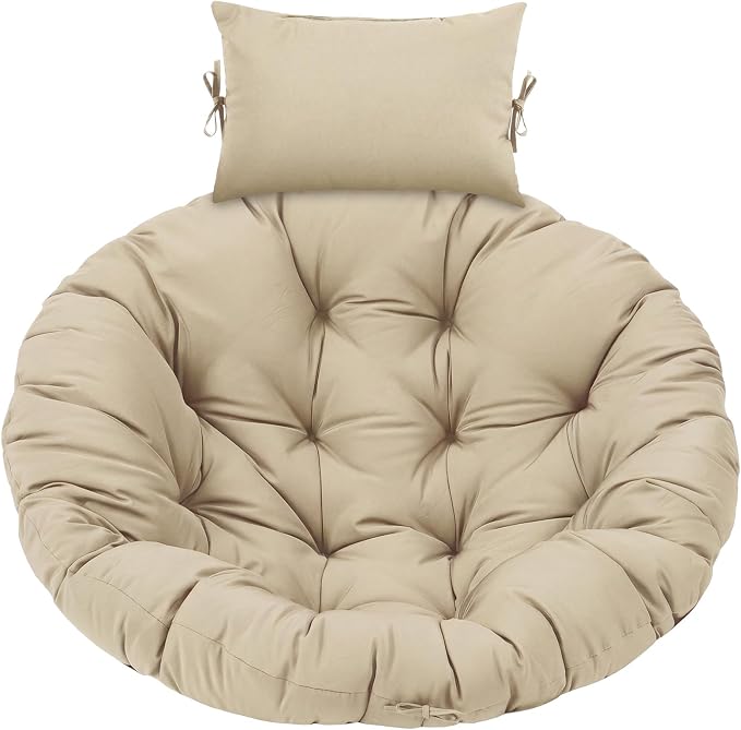 Tudomro Beige Egg Chair Cushion Hanging Basket Chair Replacement 45x45 Hammock Basket Swing Waterproof Cushion Hanging Swing Pads with Headrest for Indoor Outdoor Porch Backyard Patio Garden