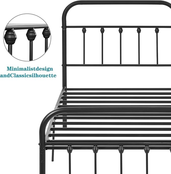 VECELO Black Metal Bed Frame Twin Size with Vintage Headboard and Footboard, No Box Spring Needed, Premium Stable Steel Slat Support Mattress Foundation