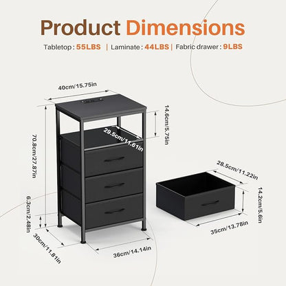 Sweetcrispy Nightstand with Charging Station, Bedside End Table with 3 Fabric Drawers, USB & Type-C Ports with AC Outlets, Adjustable Feet & Dimmable LED Light Strip, Modern Bedroom Furniture, Black