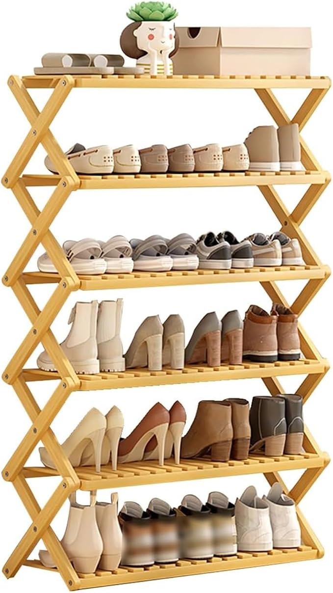 Bamboo Multilayer Foldable Tall Shoe Rack Boots Organizer Storage Sturdy Narrow Shoe Shelf for Entryway, Closet, Porch, Dorm, Living Room, Bedroom