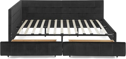 Queen Size Corner Bed Frame with Storage Drawers, Comfortable Backrest and Armrests, Velvet Tufted Corner Bed Frame Queen Size, Upholstered Daybed for Bedroom, Living Room, Guest Room, Black