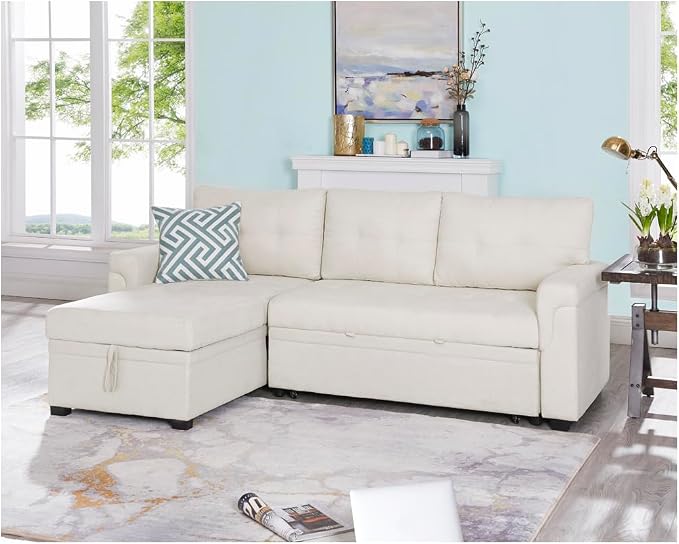 Naomi Home 84" L-Shaped Sectional Sleeper Sofa with Pull Out Bed | Sleeps Guests Comfortably, Stores Essentials in Chaise & Saves Space, Velvet, Cream Convertible Sofa Bed