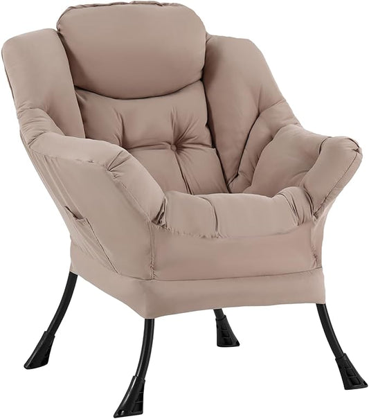 Welnow Khaki Single Lazy Chair for Living Room, Modern Reading Accent Chair with Armrests and a Side Pocket, Leisure Lazy Sofa Chair for Small Space, Bedroom, Dorm