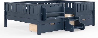 Bellemave Full Kids Montessori Bed with Stairs, Bookshelf and Drawers, Solid Wood Kids Bed Frame with Storage for Boys Girls, Low Profile,Blue