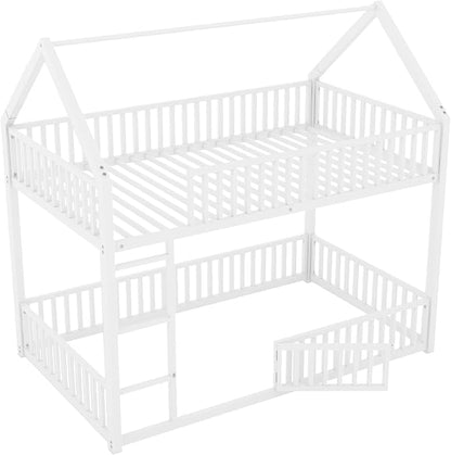 RuiSiSi Metal Bunk Bed Twin Over Twin, Floor House Bunk Bed with Safety Guardrails and Roof for Kids Teens, Twin Bunk Beds for Bedroom, No Box Spring Needed, White