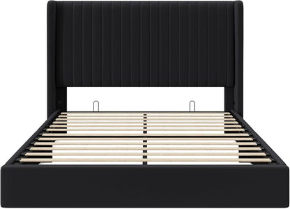 Allewie Full Size Lift Up Storage Bed Frame, Hydraulic Support System, Upholstered Platform Bed Frame, Underneath Storage, Vertical Channel Tufted Headboard with Wingback, No Box Spring Needed, Black
