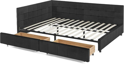 Queen Size Corner Bed Frame with Storage Drawers, Comfortable Backrest and Armrests, Velvet Tufted Corner Bed Frame Queen Size, Upholstered Daybed for Bedroom, Living Room, Guest Room, Black