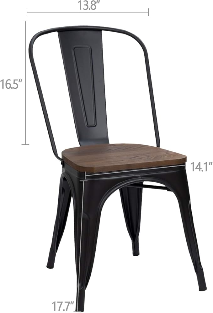 Furmax Metal Dining Chairs with Wood Seat, Indoor-Outdoor Use Stackable Chic Dining Bistro Cafe Side Metal Chairs Set of 4(Black)