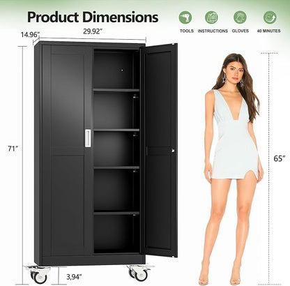 Metal Garage Storage Cabinet, 71”Tall Rolling Utility Cabinet Black | storage system with Wheels, Lock, 4 Adjustable Shelves, Heavy Duty Steel Tool Locker for Home Office, Utility Room, Gym