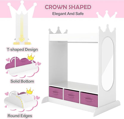 COSVALVE JOYLDIAS Kids Dress Up Storage with Mirror and Drawers, Kid Armoire Dresser, Pretend Storage Closet for Kids, Costume Wardrobe with Top Shelf for Playroom Bedroom, Lovely White