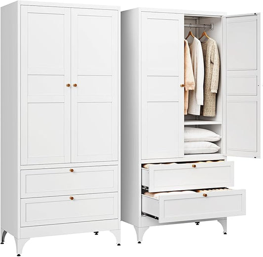 Letaya Metal Armoire Wardrobe Closet with 2 Drawers,18" Deep Clothing Storage Cabinet with Doors and Shelves,Coat Closet with Hanging Rod,Bedroom,Home,Cloak Room,White