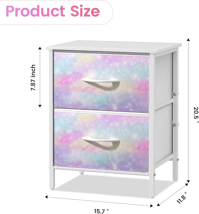 Stero Nightstand, Kids Dresser with 2 Drawers, Steel Frame Bedside Furniture, Wood Top Fabric Night Stand, Colorful End Table for Home, Bedroom, Office Tie-dye White