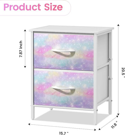Stero Nightstand, Kids Dresser with 2 Drawers, Steel Frame Bedside Furniture, Wood Top Fabric Night Stand, Colorful End Table for Home, Bedroom, Office Tie-dye White