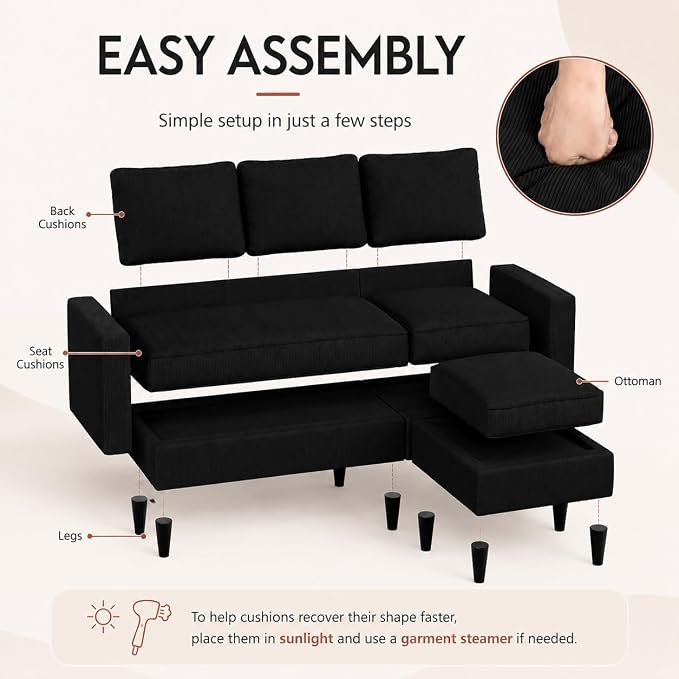 73.6" Convertible Sectional Sofa Couch with Reversible Ottoman, Modern 3-Seater L-Shaped Couch for Small Spaces, Compact Sofa for Studio Apartment, Living Room & Office, Easy Assembly (Black)
