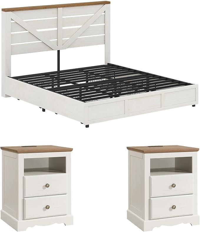 AMERLIFE 3 Piece Bedroom Set Including Farmhouse King Size Bed Frame with 4 Drawers, Nightstands Set of 2 with Charging Station for Bedroom, White