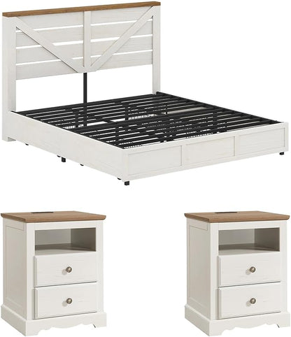AMERLIFE 3 Piece Bedroom Set Including Farmhouse King Size Bed Frame with 4 Drawers, Nightstands Set of 2 with Charging Station for Bedroom, White