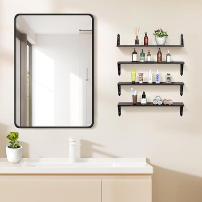ROMGUAR CRAFT Wood Floating Shelves Set of 4, Rustic Storage Decor Wall Shelves, Wall Mounted Shelf for Living Room, Bedroom 23.6" x 6", Black