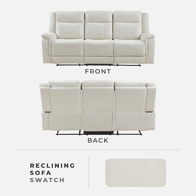 Lexicon Manual Double Reclining Sofa, Polished Microfiber Upholstered 3 Seater Manual Sofa Recliner for Living Room, Wall Hugger, Easy Assembly, Beige