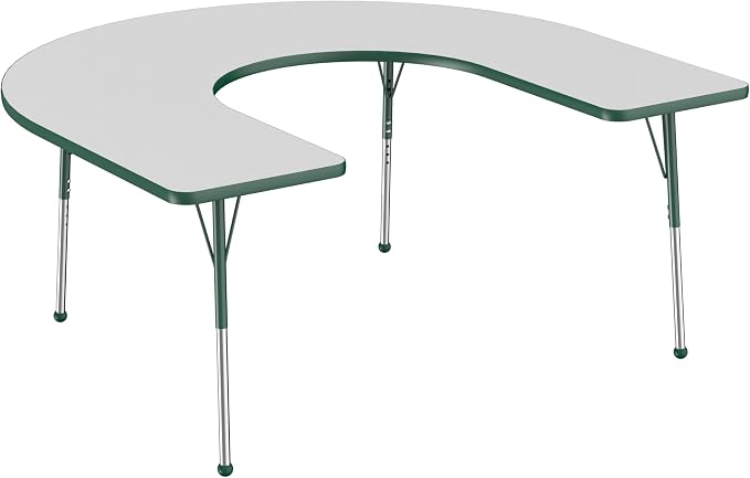 FDP Horseshoe Activity School and Office Table (60 x 66 inch), Standard Legs with Ball Glides for Collaborative Seating Environments, Adjustable Height 19-30 inches - Gray Top and Green Edge
