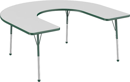 FDP Horseshoe Activity School and Office Table (60 x 66 inch), Standard Legs with Ball Glides for Collaborative Seating Environments, Adjustable Height 19-30 inches - Gray Top and Green Edge