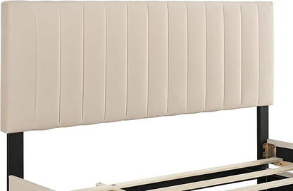 Ball & Cast Queen Bed Frame with Twin XL Size Trundle,Velvet Upholstered Platform Bed Frame Queen Size with Channel Tufted Headboard,Wood Slats Support,No Box Spring Needed,Easy Assembly,Beige