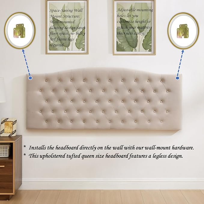 24KF Upholstered Tufted Button Wall Mounted Velvet Headboard,Comfortable Fashional Headboard Queen/Full Size,6058-Q-Taupe