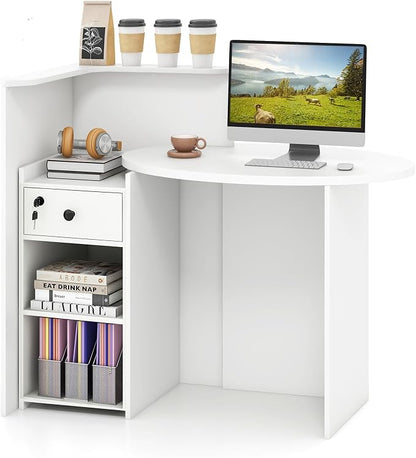 Reception Desk, Retail Checkout Counter w/Lockable Drawer & Open Shelves, Computer Workstation, Small Front Desk Reception Counter for Company Lobby Store Salon Office (White)