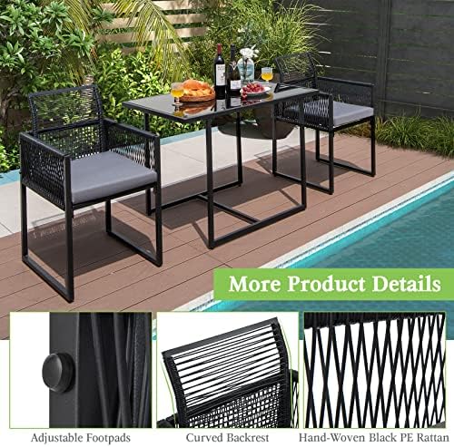Tangkula 3 Pieces Outdoor Dining Set, Patio PE Rattan Furniture Set with Folding Backrest, Cozy Seat Cushions, Tempered Glass Tabletop, Space-Saving Rattan Chair Table Set for Backyard, Poolside