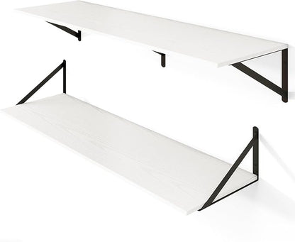 Heimlove White Deep Floating Shelves for Wall, 40W x 12D Wood Wall Shelves Set of 2, Wide Floating Bookshelf for Living Room, Kitchen, Office, Bedroom and Decor Storage, with Black Bracket - White