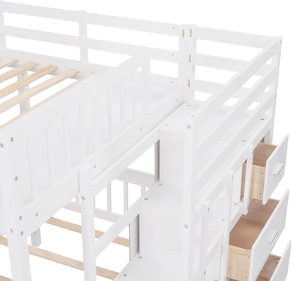VilroCaz Upgraded Version Full Over Twin & Twin Bunk Bed, Solid Wood Triple Bunk Bed with Storage Drawers and Staircase, Strong Sturdy Bunk Bed Frame with Guardrails for Kids Teens Aldults