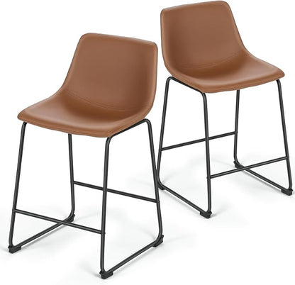 Athena Collection 23'' Counter Height Bar Stools Bar Chairs Set of 2 Modern PU Leather Bucket Chairs with Back Soft Foam Filled Metal Frame Bar Stools with Footrest for Pub, Bistro, Kitchen, Brown
