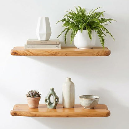 WELLAND 16" Live Edge Cedar Floating Shelves, Set of 2 | Each shelf measures approximately 15.75" W × 7.87" D × 1.25" H, ideal for displaying plants, book and decorative accents