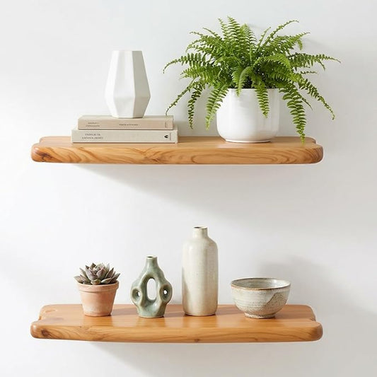 WELLAND 16" Live Edge Cedar Floating Shelves, Set of 2 | Each shelf measures approximately 15.75" W × 7.87" D × 1.25" H, ideal for displaying plants, book and decorative accents
