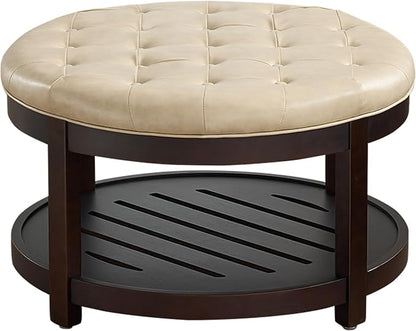 adochr Round Coffee Tables for Living Room,33’’ Storage Ottoman with Wooden Tray, Upholstered Ottoman Footrest, Ivory