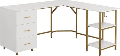 Techni Mobili L Shaped Desk - Two-Toned Computer Desk with Drawers & Storage Shelves - Simple Modern Furniture & Home Office Space Corner Table for Work & Writing | 59" two‑tone L‑shaped desk with storage shelves, durable frame, modern corner workstati...