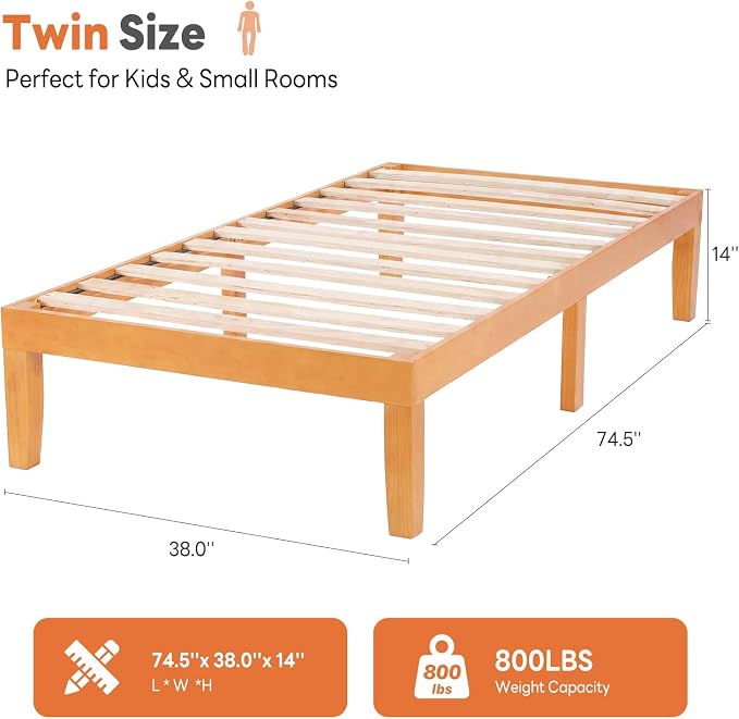 Sweetcrispy Twin Size Bed Frame 14 inch Heavy Duty Platform Bedframe, 500 lbs Capacity, Underbed Storage, No Box Spring Needed, Wooden Slats, Easy Assembly with Velcro, Honey Finish