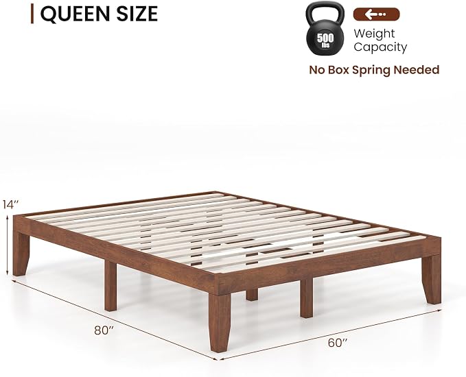 KOMFOTT 14 Inches Wood Platform Bed Frame Queen Size, Wooden Mattress Foundation with Rubber Wood Frame, Strong Wooden Slat Support, No Box Spring Needed, Bed Frame (Brown Cherry)