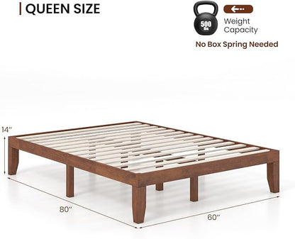 KOMFOTT 14 Inches Wood Platform Bed Frame Queen Size, Wooden Mattress Foundation with Rubber Wood Frame, Strong Wooden Slat Support, No Box Spring Needed, Bed Frame (Brown Cherry)