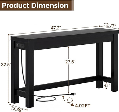 Cyclysio 47" Console Table with Charging Station, 13.8" Deep Farmhouse Sofa Table Behind Couch with 2 AC Outlets & 3 USB Ports, Entryway TV Console or Compact Home Office Desk, Black
