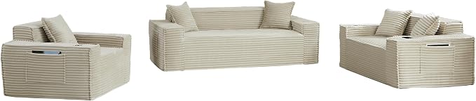 3 Pcs Living Room Cloud Sofa Set, Boneless Sofa Couch with Cup Holder and Side Pocket for Compact Living Rooms, Apartments (Camel, Single Chair + Loveseat+ 3 Seat Sofa)