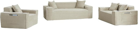 3 Pcs Living Room Cloud Sofa Set, Boneless Sofa Couch with Cup Holder and Side Pocket for Compact Living Rooms, Apartments (Camel, Single Chair + Loveseat+ 3 Seat Sofa)