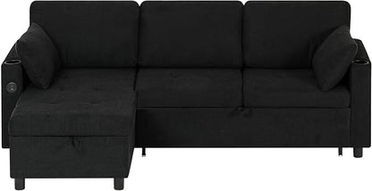 84" Fabric Sleeper Sofa Bed w/Adjustable Backrests, L-Shaped Sectional Sofa Bed w/USB Port & Thickened Cushions, Convertible Pull Out Couch Bed w/Storage Bags for Living Room, Black