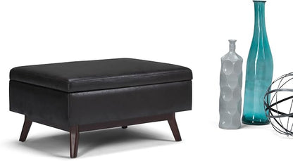 SIMPLIHOME Owen Coffee Table Storage Ottoman - 34" Wide x 19" High Upholstered Vegan Leather Rectangular Lift-Top Ottoman in Distressed Black, Mid-Century Bench for Living Room with Tapered Legs
