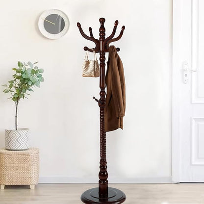 Wooden Coat Rack Freestanding, Hall Tree Hanger With Resin Hooks, Adjustable Heavy Duty Coat Rack for Hanging Clothes Bags Hats in Living Room Bedroom (coat rack, Round Base-Antique Color)