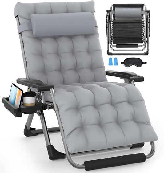 Slendor Oversized Zero Gravity Chairs XXL, 33In Padded Zero Gravity Lounge Chair, Lawn Recliner, Folding Patio Reclining Chair w/Aluminum Alloy Lock, Headrest, Cup Holder, Support 500lbs, Grey