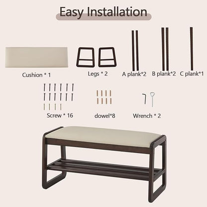 Achicsofar Shoe Rack Bench,2 Tier Solid Wooden Entryway Bench with Shoe Storage, Shoe Rack with Cushion for Living Room, Hallway(Pu Beige, 31.5")