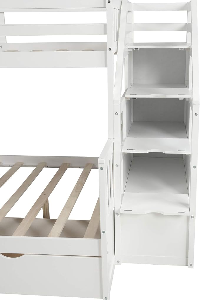 RUNNA Twin Over Full Bunk Bed with Slide,Storage Drawers,Play House, White | Twin over full bunk bed with slide,storage,ladder,play house design,solid wood frame,guardrails,no box spring needed,White