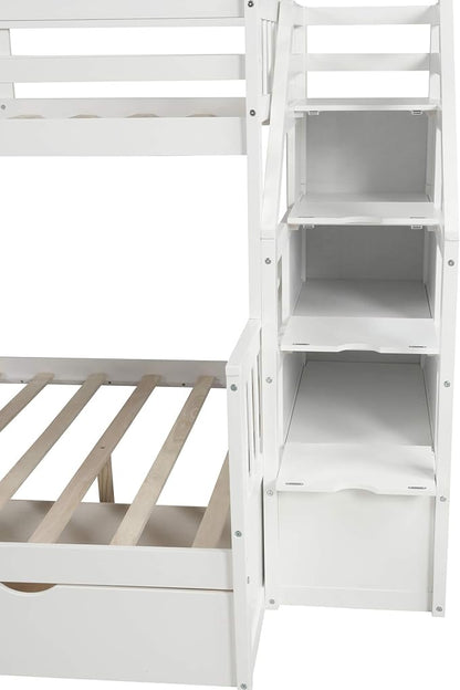 RUNNA Twin Over Full Bunk Bed with Slide,Storage Drawers,Play House, White | Twin over full bunk bed with slide,storage,ladder,play house design,solid wood frame,guardrails,no box spring needed,White