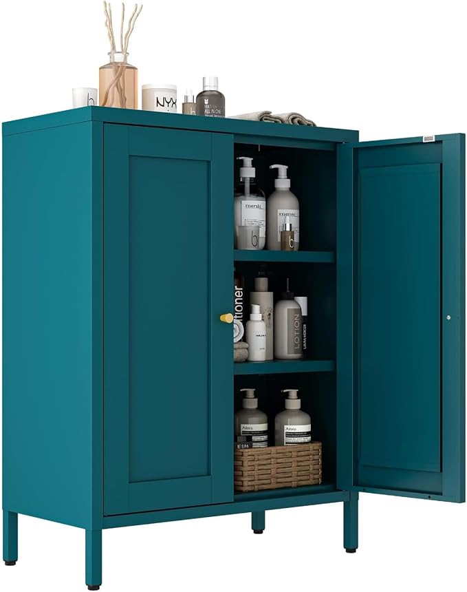 Metal Bathroom Cabinet, Small Floor Storage Cabinet, Freestanding Sideboard with 2 Adjustable Shelves for Living Room, Dining Room, Kitchen (Blue, 31.5" H-2 Doors)